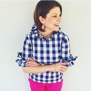 Elizabeth Wilson, Nancy Jane, ruffle blue and white buffalo check, M